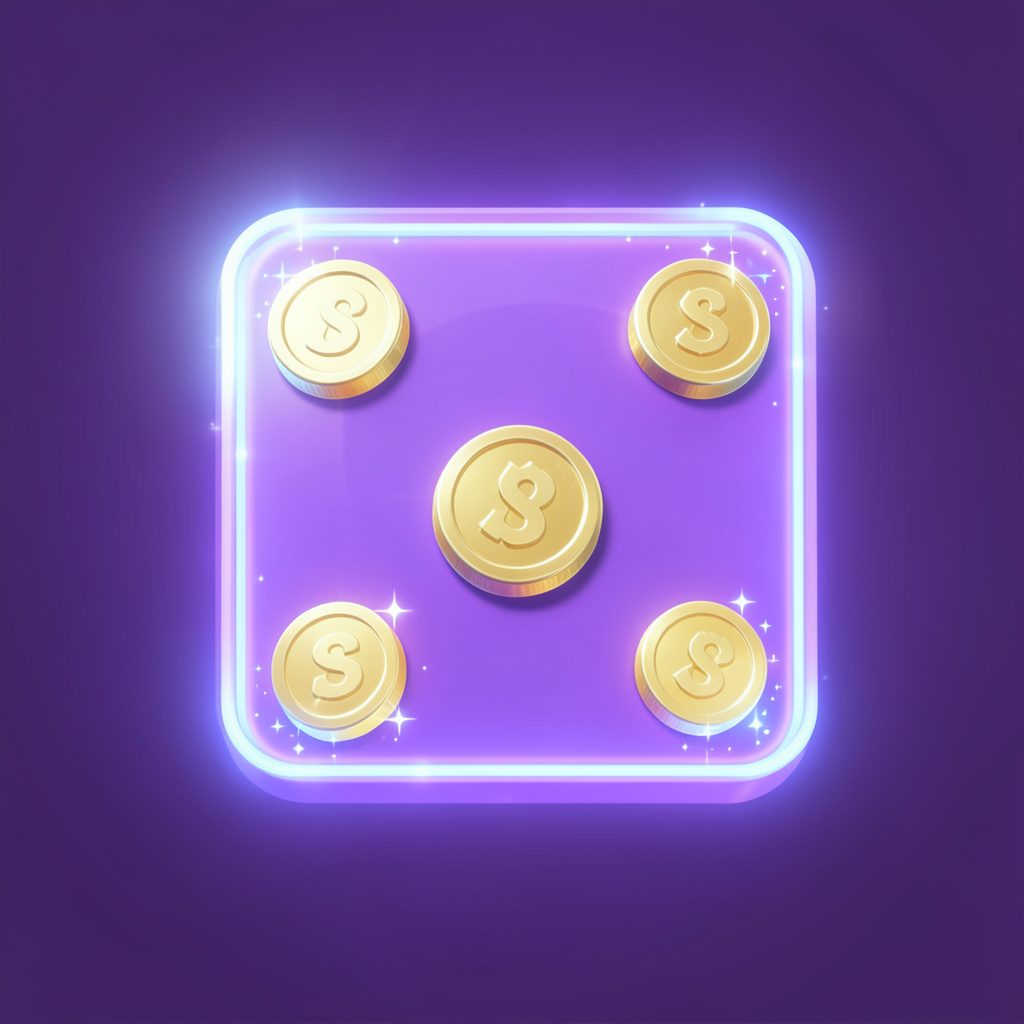 Vibrant purple and gold slot game tile with glowing neon edges and sparkling coin symbols, dark violet background.