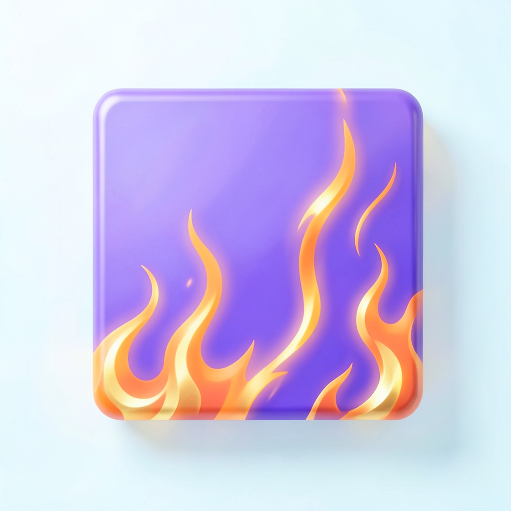 Purple gradient game tile with orange and gold flame accents, dynamic energy and warm glow.