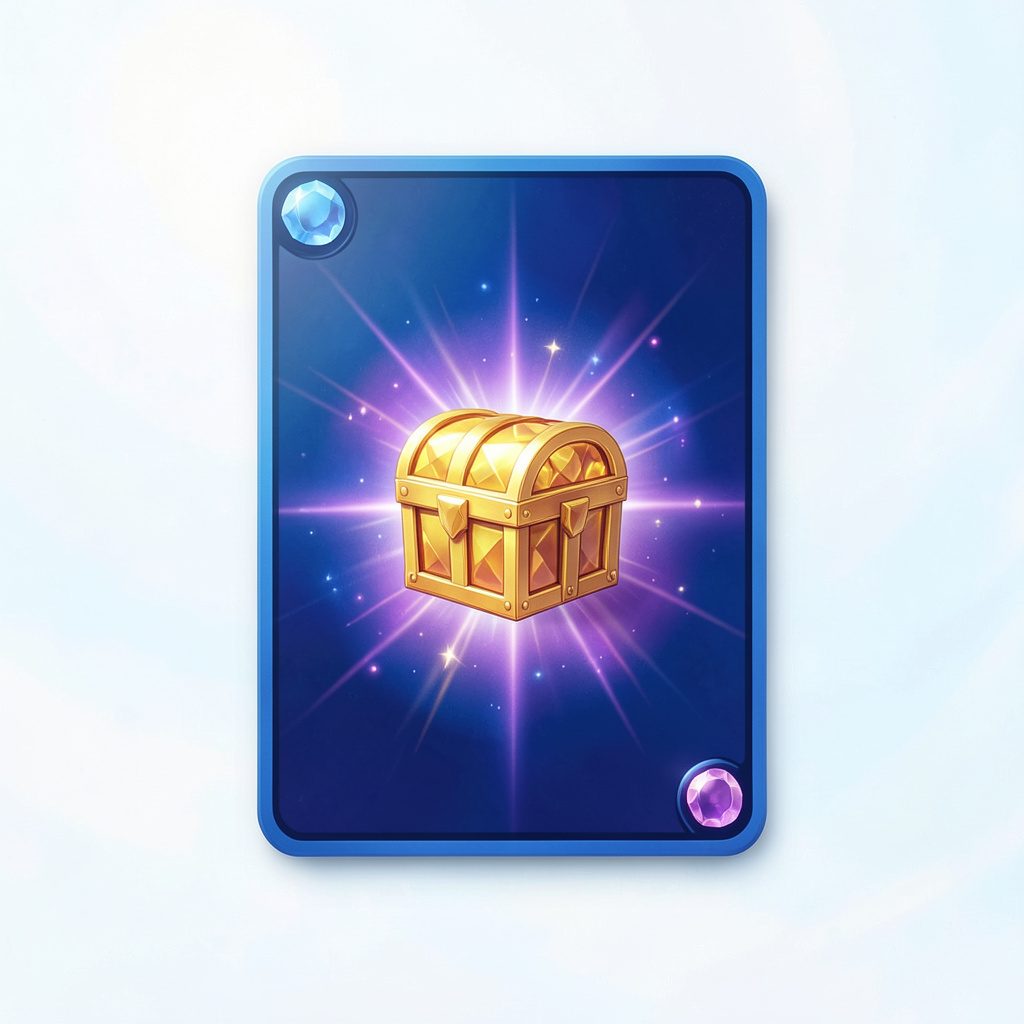 Deep blue and violet game card with golden treasure chest icon and shimmering light rays, rich jewel tones.