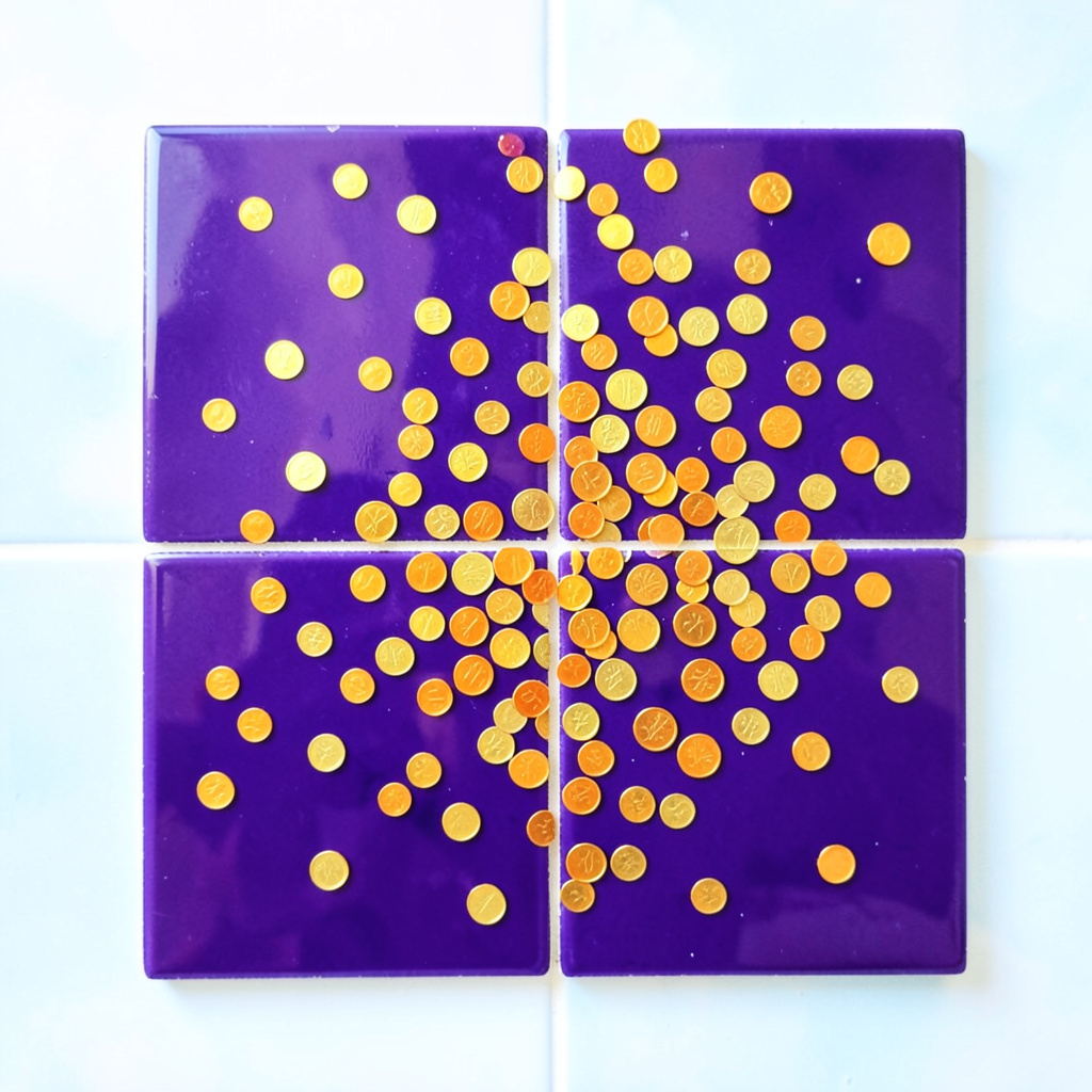 Deep purple tile with orange and gold coin shower effect, warm celebratory mood.