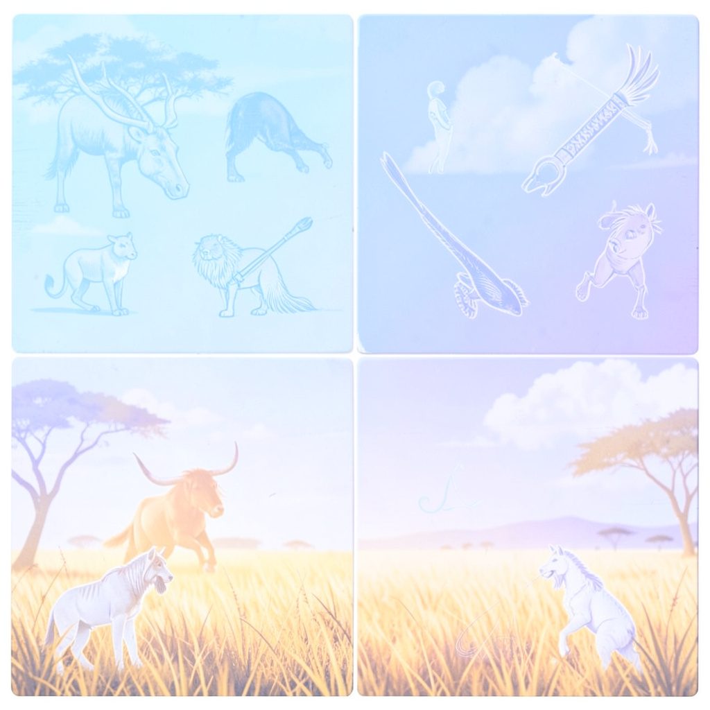 Blue-to-purple gradient tile with wild animal symbols and golden savannah glow, adventurous theme.