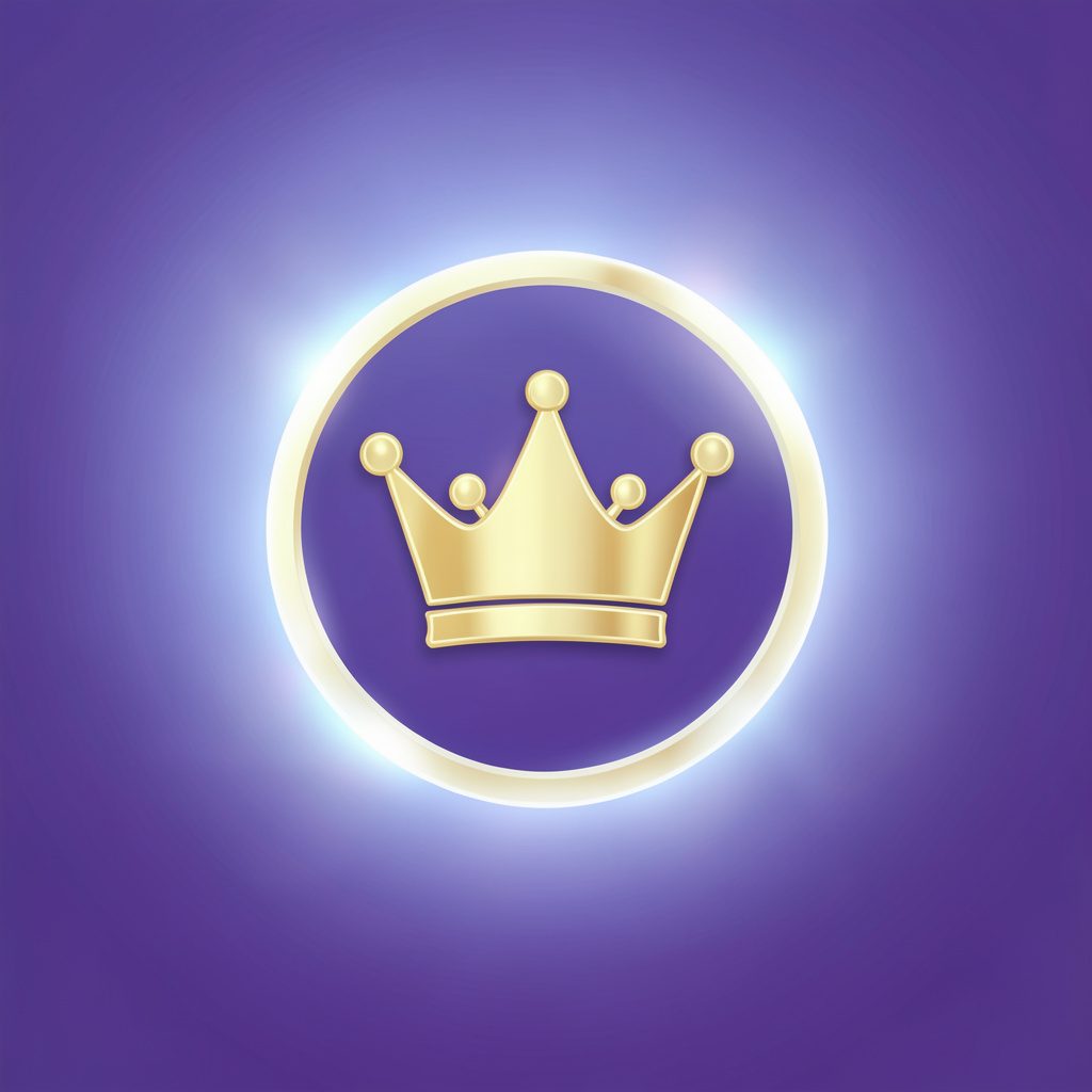 Circular icon with golden crown on deep violet gradient background, surrounded by soft glowing light, symbolizing premium VIP status.