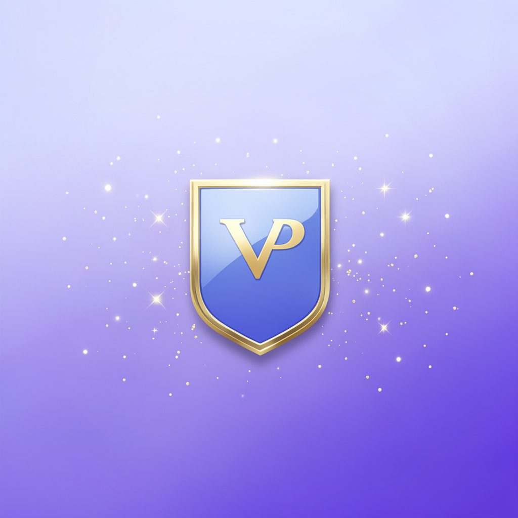 Deep purple and violet gradient backdrop with soft golden sparkles and a sleek VIP badge emblem in the center, conveying luxury and exclusivity.