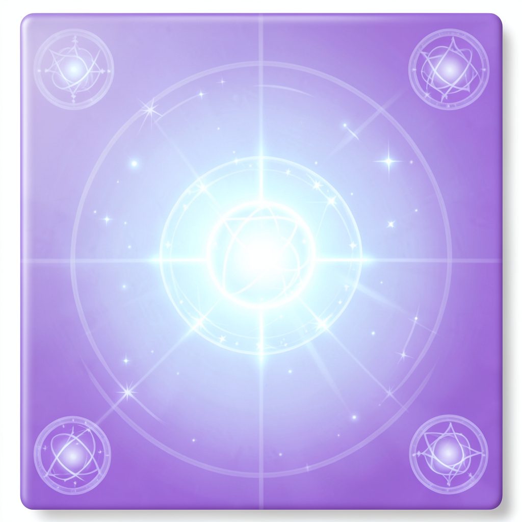 Rich violet gradient tile with mystical orb symbols and ethereal light glow, magical atmosphere.
