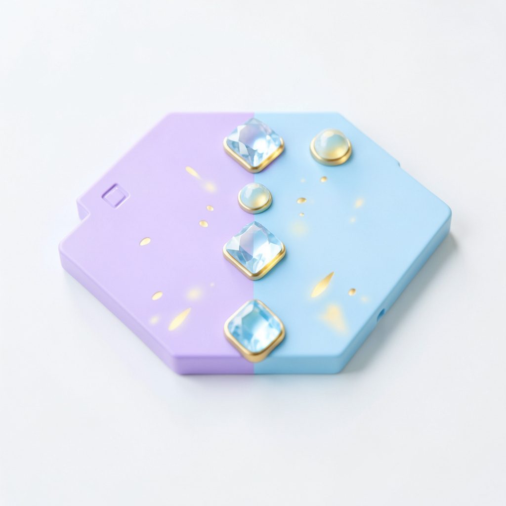 Violet and blue game tile with cascading gem symbols and soft golden highlights, fresh modern look.