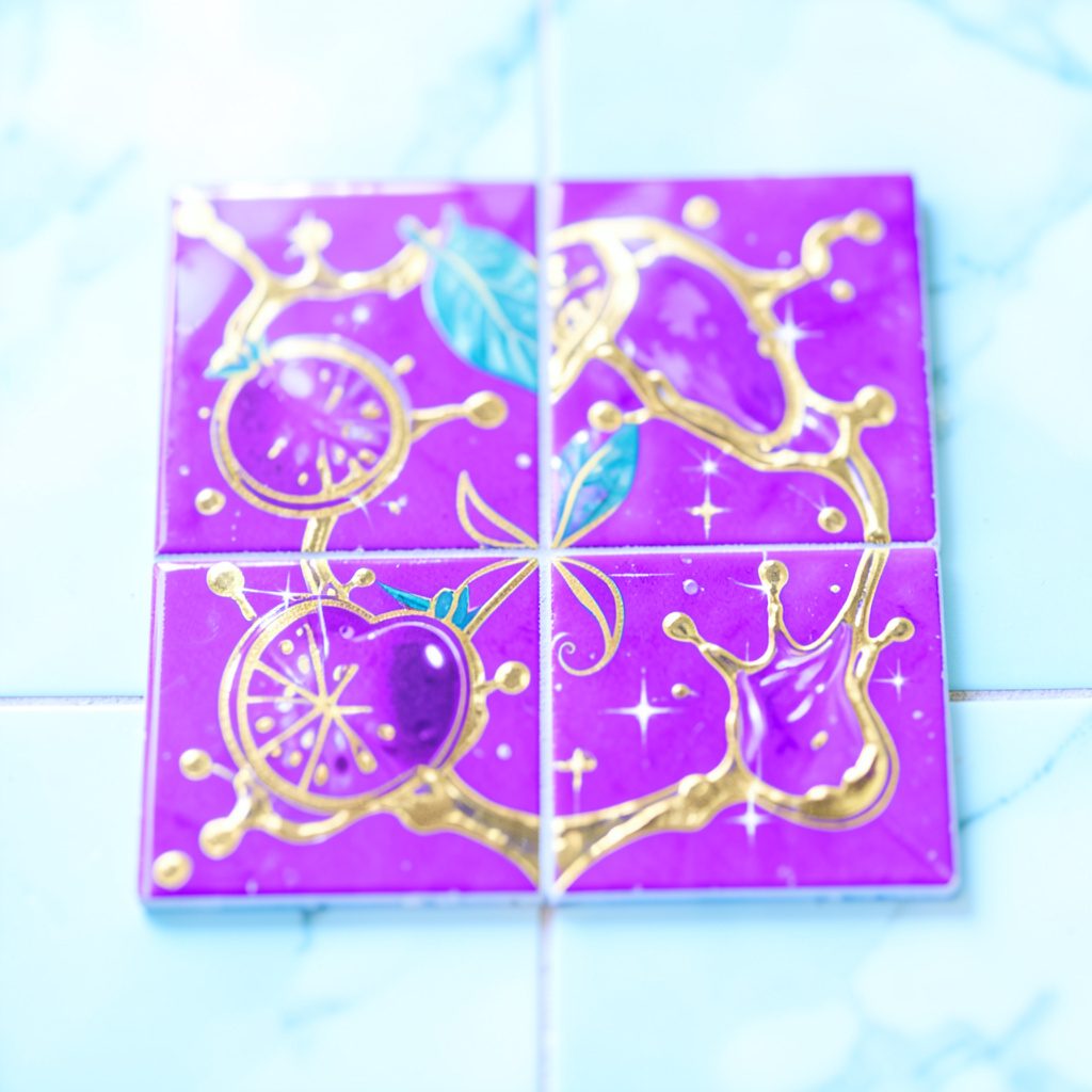 Bright purple and gold tile with fruit symbols and sparkling juice splashes, vibrant playful energy.